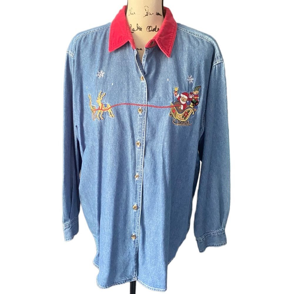 Vintage Nutcracker Large Shirt Christmas Chambray Button Down Top Womens